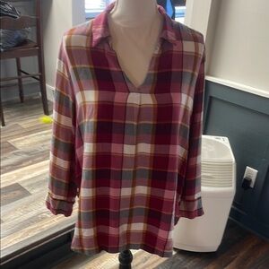 Plaid V-Neck Women's Top - Red, Gray, Yellow